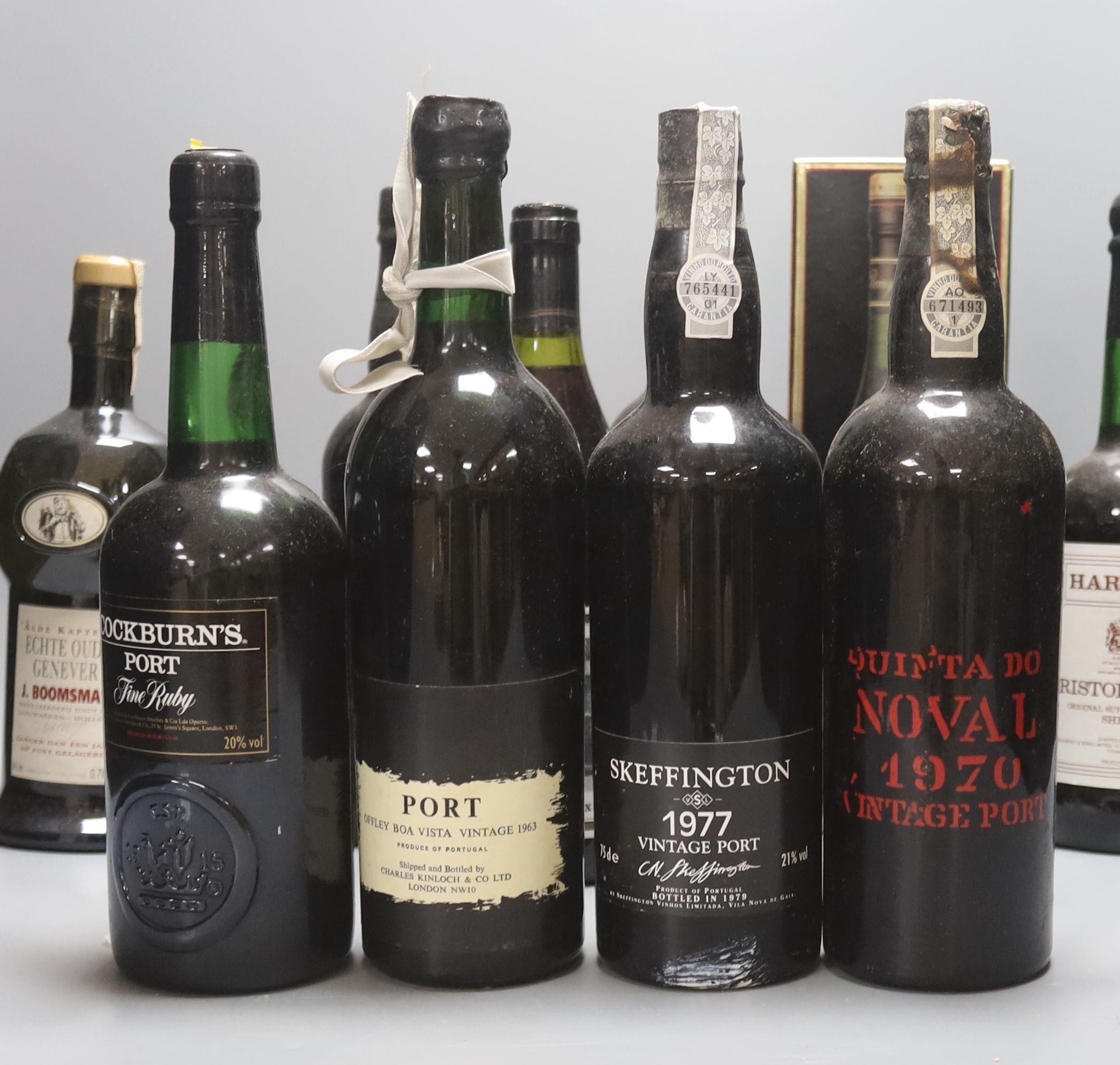 A group of assorterd wines and spirits comprising Quinta de Noval 1970 Vintage Port (3), Skeffington 1977 Vintage Port, Offley Boa Vista 1963 Vintage Port, Harveys Bristol Cream